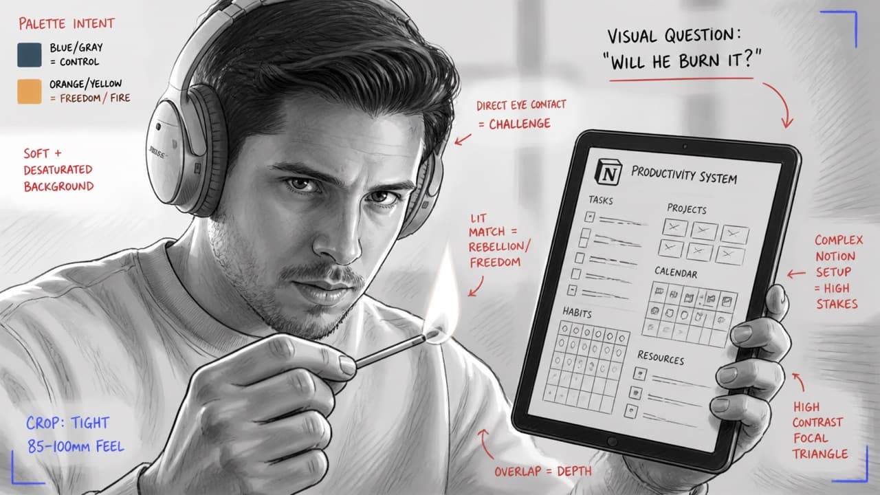 Annotated thumbnail sketch with framing and palette notes